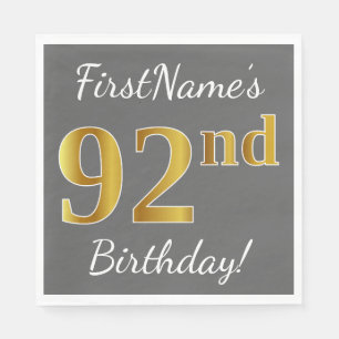 Serviette En Papier Grey, Faux Gold 92e anniversaire + Nom personnalis