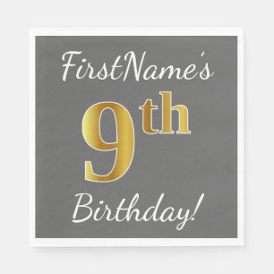 Serviette En Papier Grey, Faux Gold 9e anniversaire + Nom personnalisé