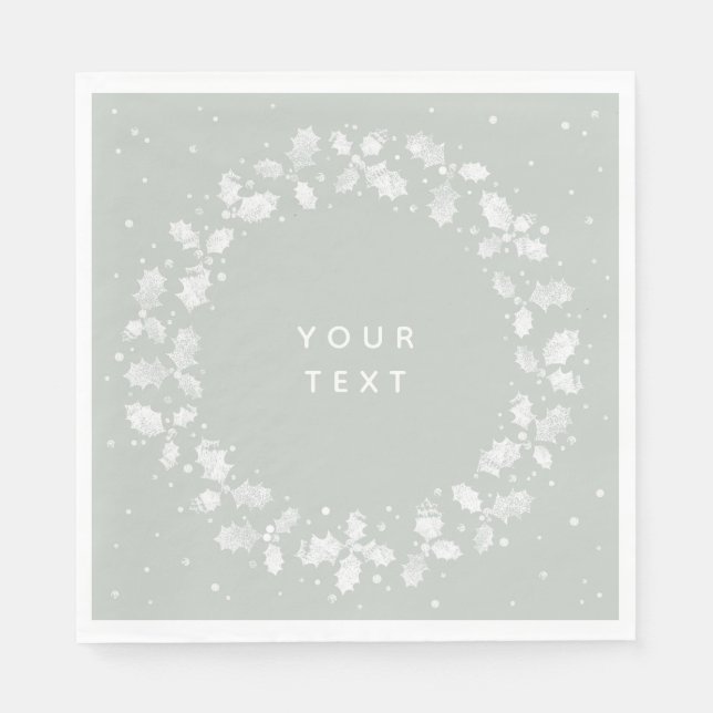 Serviette En Papier Gris vert main imprimé Holly Wreath Noël (Devant)