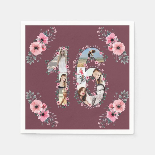 Serviette En Papier Gros 16e anniversaire fille Flower Photo Collage (Devant)