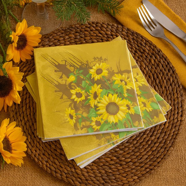 Serviette En Papier Grunge Tournesol Art Bold Rustique Jaune Floral (Créateur téléchargé)