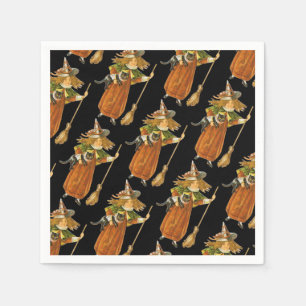 Serviette En Papier Halloween à l'ancienne, sorcière fille avec chat n