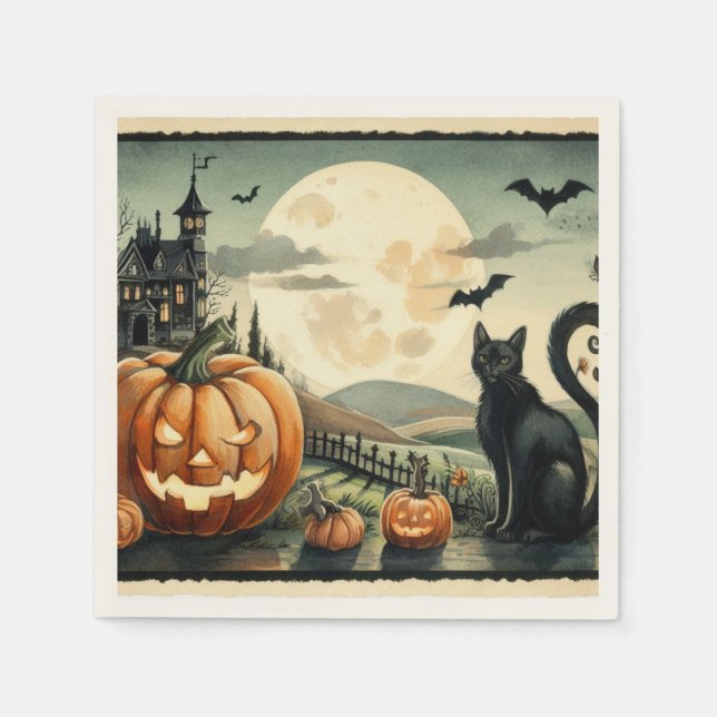 Serviette En Papier Halloween/Automne/Automne/citrouille/chat (Devant)