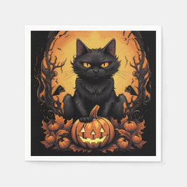 Serviette En Papier Halloween | Chat noir et Citrouille