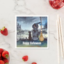 Serviette En Papier Halloween Chat noir et la Sorcière étoile nuit