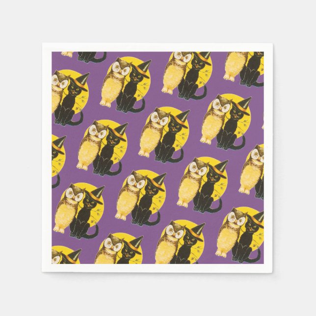 Serviette En Papier Halloween démodé, chat noir & hibou (Devant)