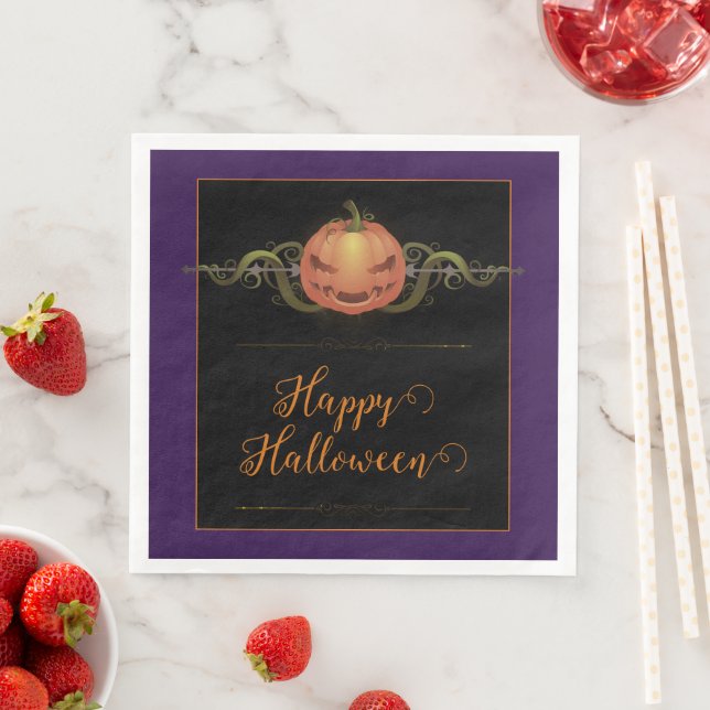 Serviette En Papier Halloween Jack-o-lanterne effrayant | Violet (En situation)
