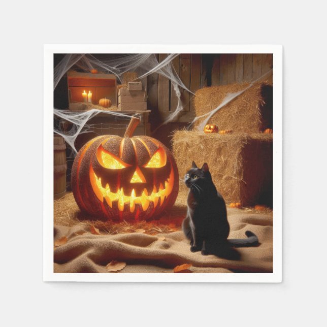 Serviette En Papier Halloween Jack-o-lanterne et chat en grange (Devant)
