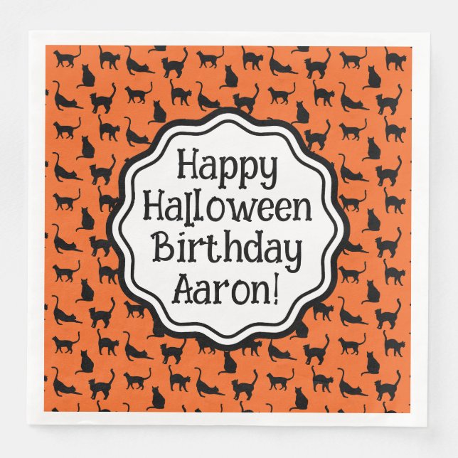 Serviette En Papier Halloween personnalisé Anniversaire Chat noir oran (Devant)
