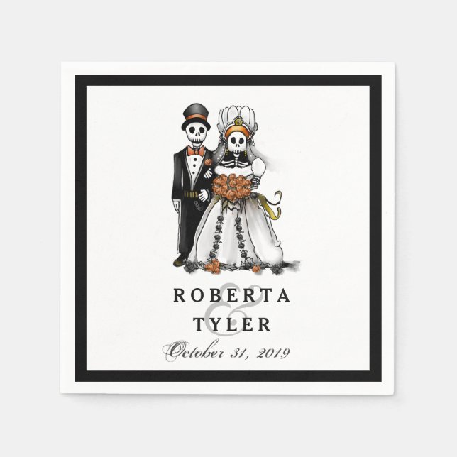 Serviette En Papier Halloween Skeletons Orange Noms Mariage Napkins (Devant)