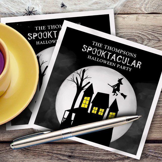 Serviette En Papier Halloween Spooktacular Éffrayant Haunted House Wit (Whimsical flying witch and haunted house in the moonlight paper napkin,)