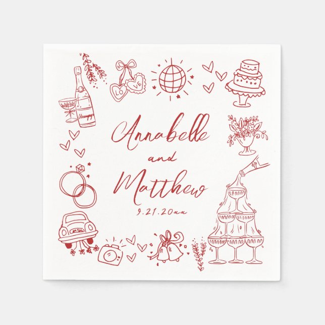 Serviette En Papier Hand Drawn Red Whimsical Wedding (Devant)