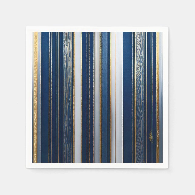 Serviette En Papier Hanoukka Blues Stripes Bleu Blanc Or (Devant)