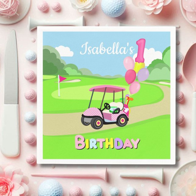 Serviette En Papier Happy 1st Birthday Polka Dot Pink Girly Golf  (Créateur téléchargé)