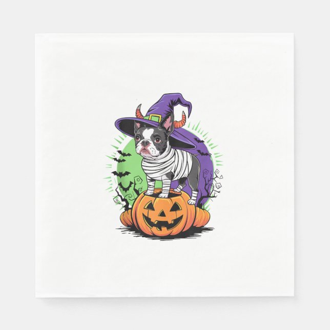 Serviette En Papier Happy Halloween avec Boston Terrier Mummy & Witch (Devant)