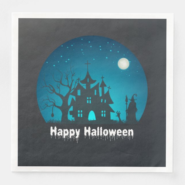 Serviette En Papier Happy Halloween Maison hantée bleue et noire (Devant)