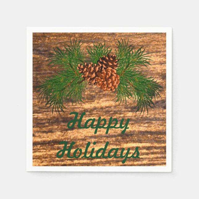Serviette En Papier Happy Holiday - détail rustique pin-cône (Devant)