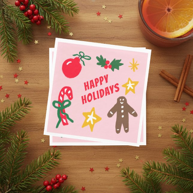 Serviette En Papier HAPPY HOLIDAYS Cute Hand-Drawn CUSTOM  (HAPPY HOLIDAYS Cute Hand-Drawn icons Christmas Party CUSTOM Napkins
)
