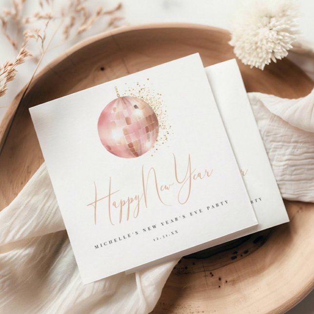 Serviette En Papier Happy New Year Blush Pink Rose Gold Disco Ball  (Créateur téléchargé)