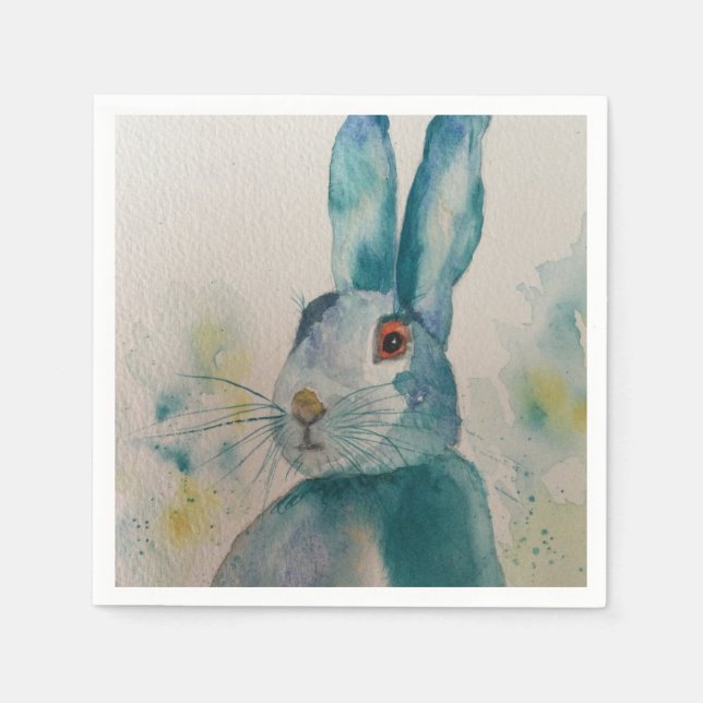 Serviette En Papier Hare Rabbit Aquarelle Bleu serviettes (Devant)
