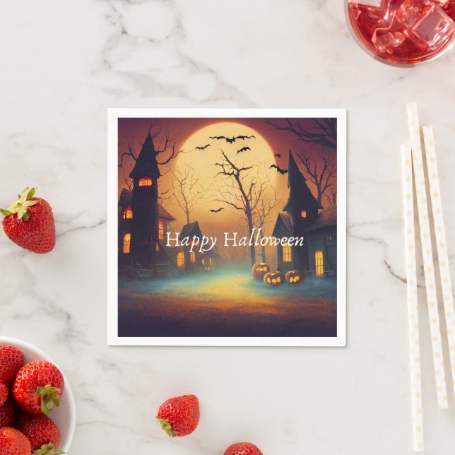 Serviette En Papier Haunted Castle Halloween papier de fête (En situation)