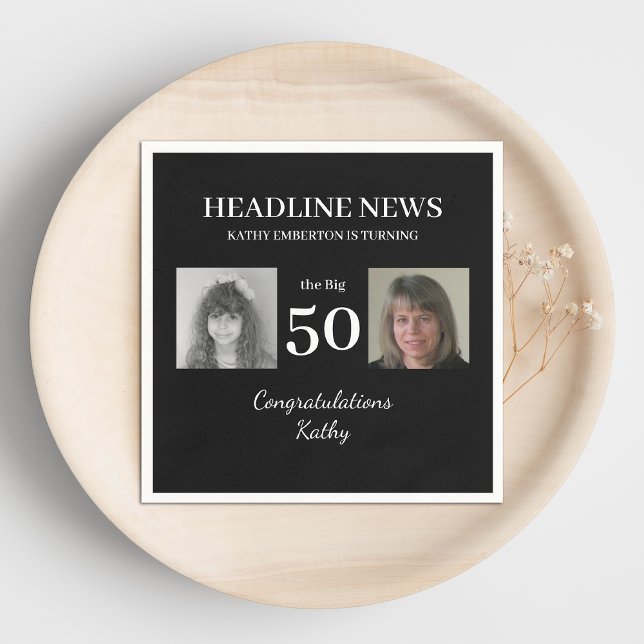 Serviette En Papier Headline News 50th Birthday Photo noir et blanc (Créateur téléchargé)