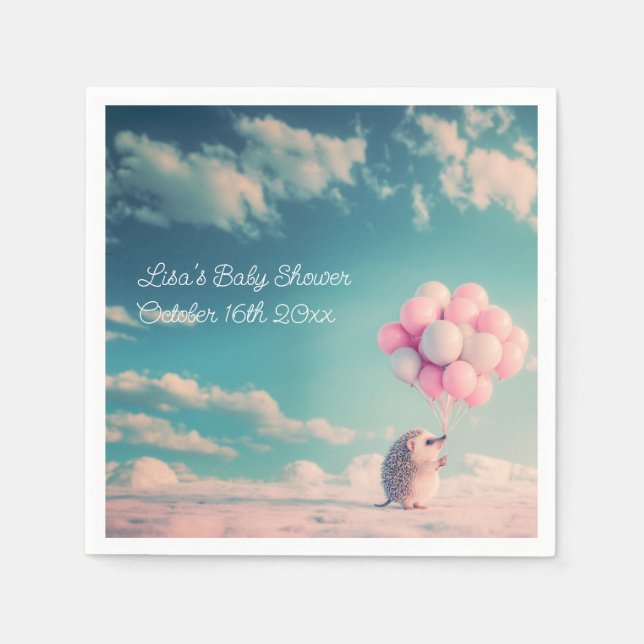 Serviette En Papier Hérisson mignon avec ballons d'anniversaire, perso (Devant)