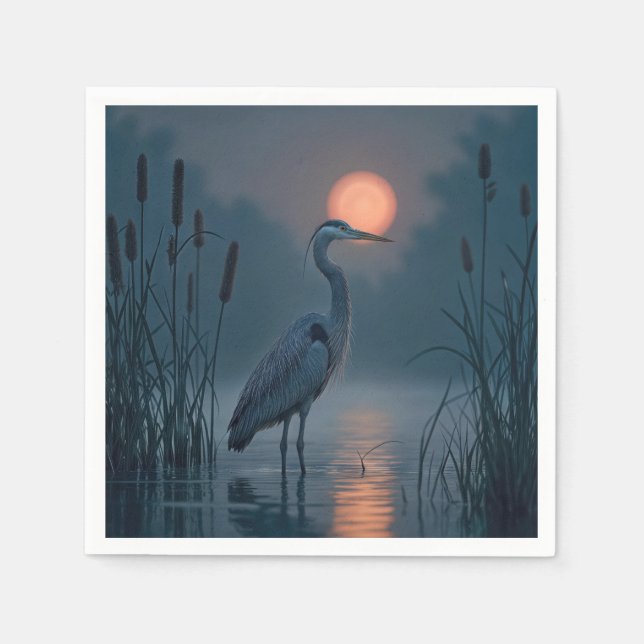 Serviette En Papier Heron Gris Avec Lune Rose (Devant)