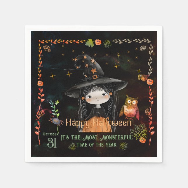 Serviette En Papier Heureuse petite sorcière d'Halloween (Devant)