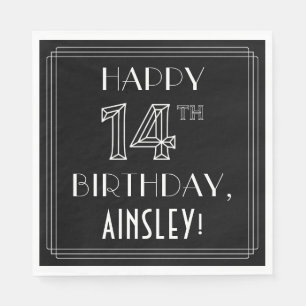 Serviette En Papier HEUREUX 14E ANNIVERSAIRE ; Style Art Déco ; Nom pe