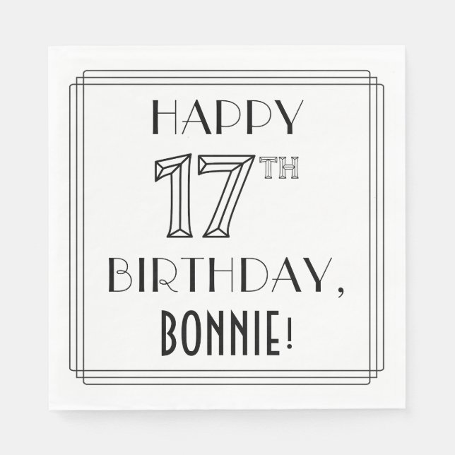 Serviette En Papier HEUREUX 17E ANNIVERSAIRE ; Style Art Déco ; Nom pe (Devant)