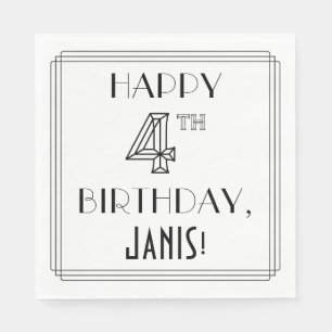 Serviette En Papier HEUREUX 4E ANNIVERSAIRE ; Style Art Déco ; Nom per