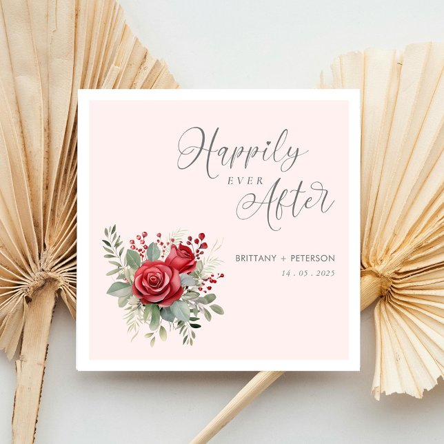 Serviette En Papier Heureux toujours après Blush Mariage serviettes av (Happily Ever After Blush Wedding Napkins with Rose Personalized)