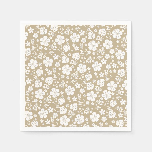 Serviette En Papier Hibiscus blanc sur Taupe Tropical Chic (Devant)