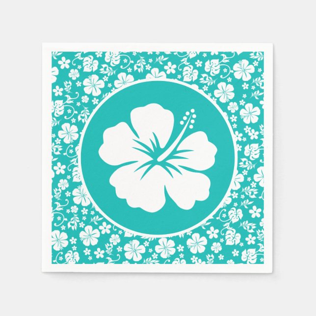 Serviette En Papier Hibiscus blanc tropical sur Turquoise (Devant)