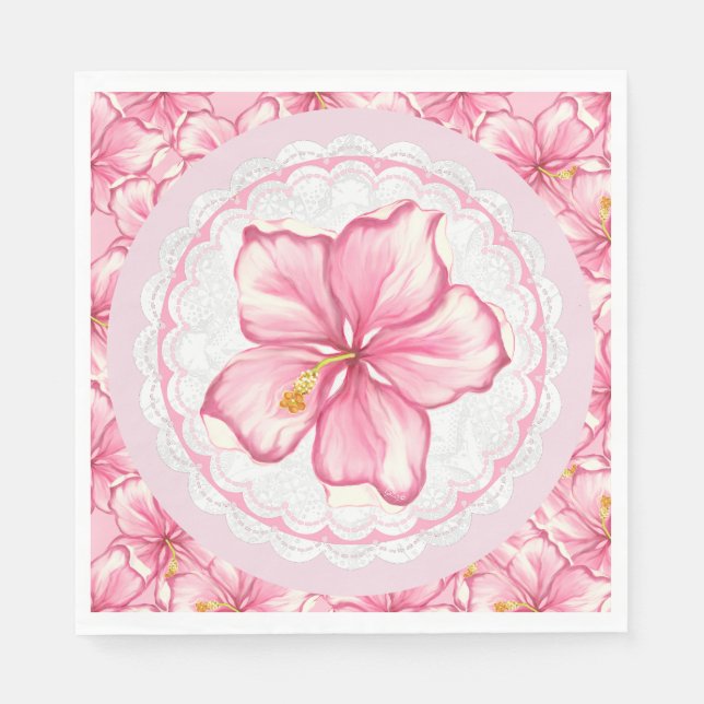 Serviette En Papier Hibiscus et dentelle ROSE (Devant)