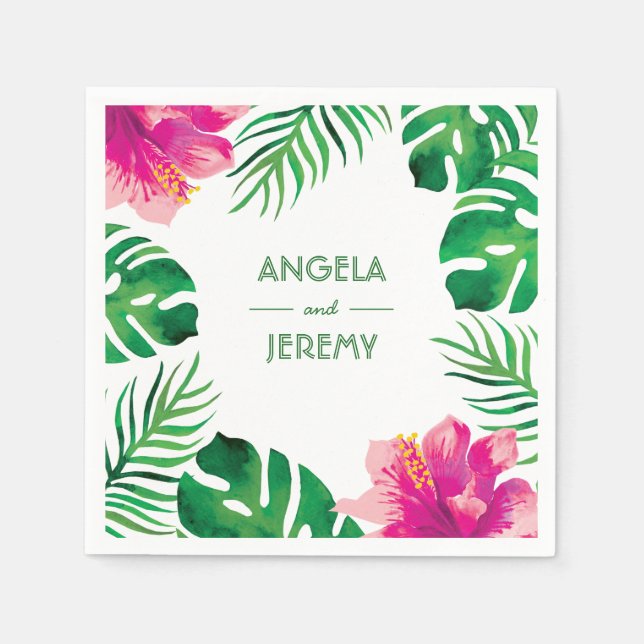 Serviette En Papier Hibiscus rose et Feuille tropical Mariage 2 (Devant)