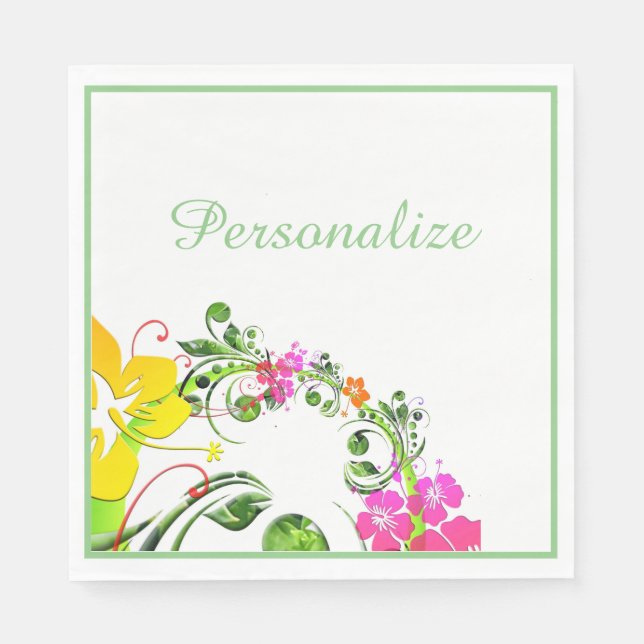Serviette En Papier Hibiscus tropical vert rose jaune blanc (Devant)