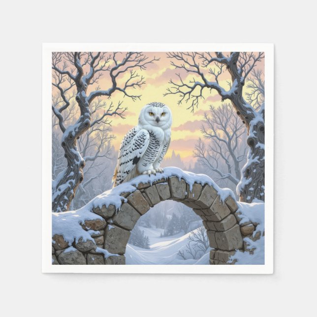 Serviette En Papier Hibou des neiges sur une arche de pierre (Devant)