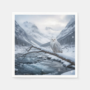 Serviette En Papier Hibou des neiges sur une branche d'arbre hivernale