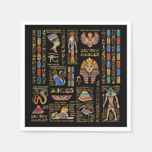 Serviette En Papier Hiéroglyphes et divinités égyptiennes sur le noir (Devant)
