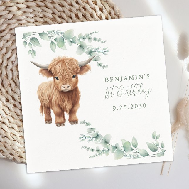 Serviette En Papier Highland Cow Greenery Agritourisme Animaux Anniver (Créateur téléchargé)