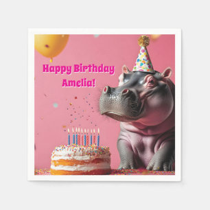Serviette En Papier Hippo d'anniversaire avec gâteau et ballons