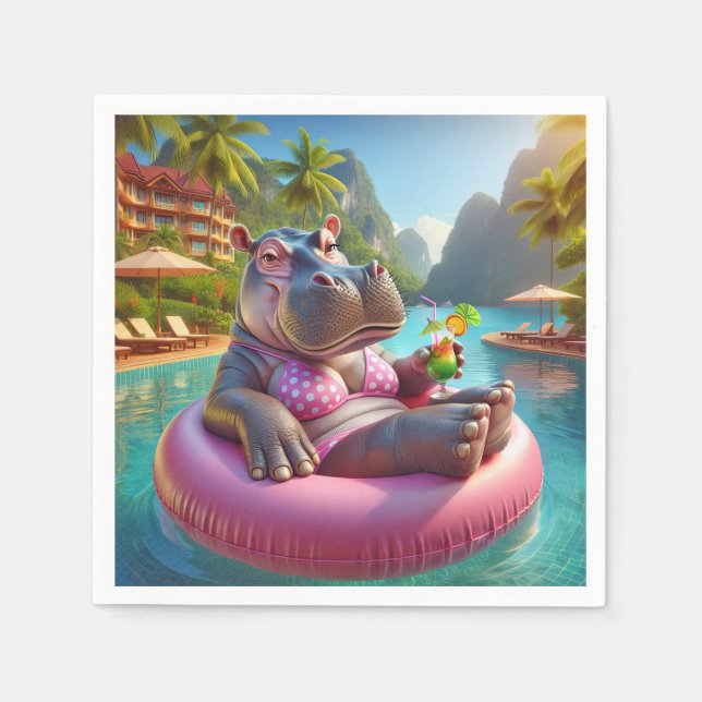 Serviette En Papier Hippo Flottant Dans Une Piscine Avec Cocktail Bois (Devant)