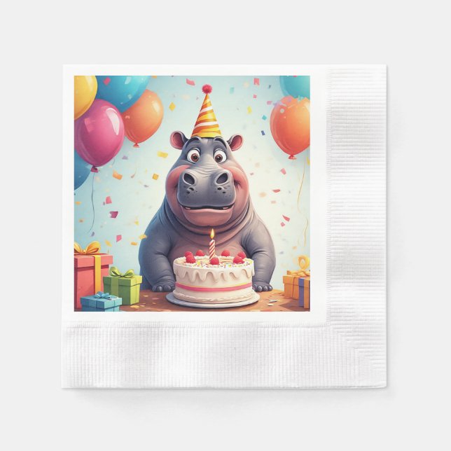 Serviette En Papier Hippopotame adorable célébrant son anniversaire av (Devant)