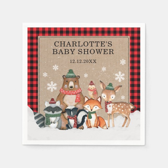 Serviette En Papier Hiver Bois Animaux Baby shower 1er anniversaire (Devant)