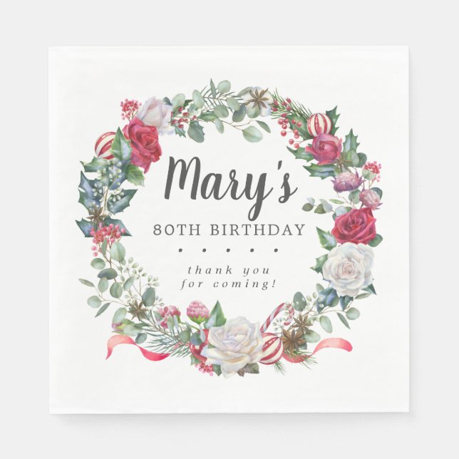 Serviette En Papier Hiver Botanical Rose 80e Anniversaire Élégant (Devant)