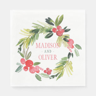Serviette En Papier Hiver Floral Aquarelle Wreath   MARIAGE