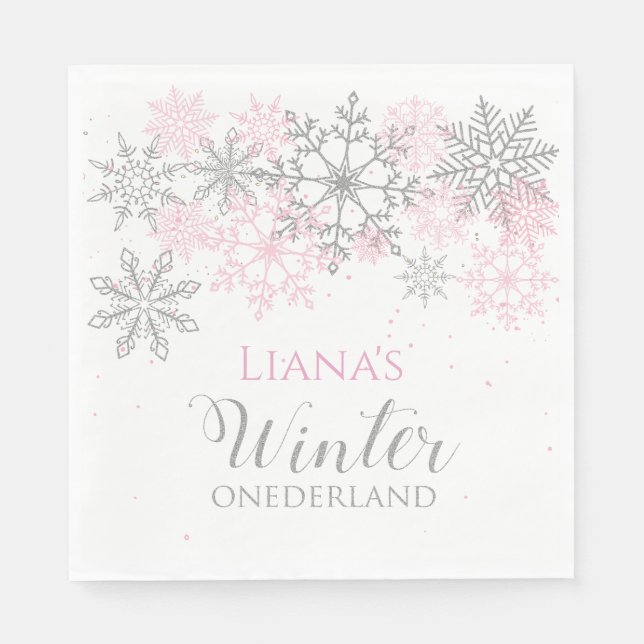 Serviette En Papier Hiver Onederland Argent et Napkin rose (Devant)