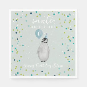 Serviette En Papier Hiver Onederland Bleu Anniversaire Balloon Penguin